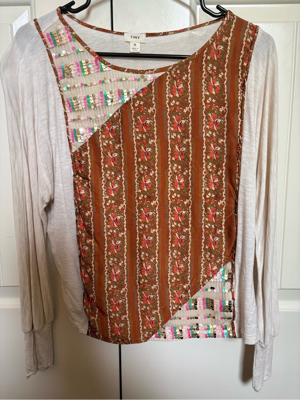 Anthropologie Cream Long-Sleeve Top with Brown Floral Panel and Sequin Accents